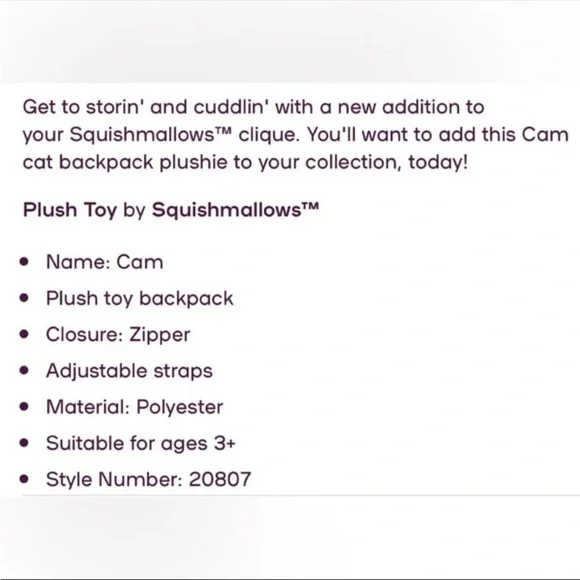 SQUISHMALLOW CAM THE CAT 12" BACKPACK PLUSH TOY NEW WITH TAG - Picture 11 of 11